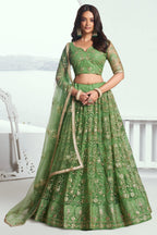 Olive Green Net Mehendi Lehenga Choli For Indian & Pakistani Wedding Festival - Sequins & Thread Embroidery Work