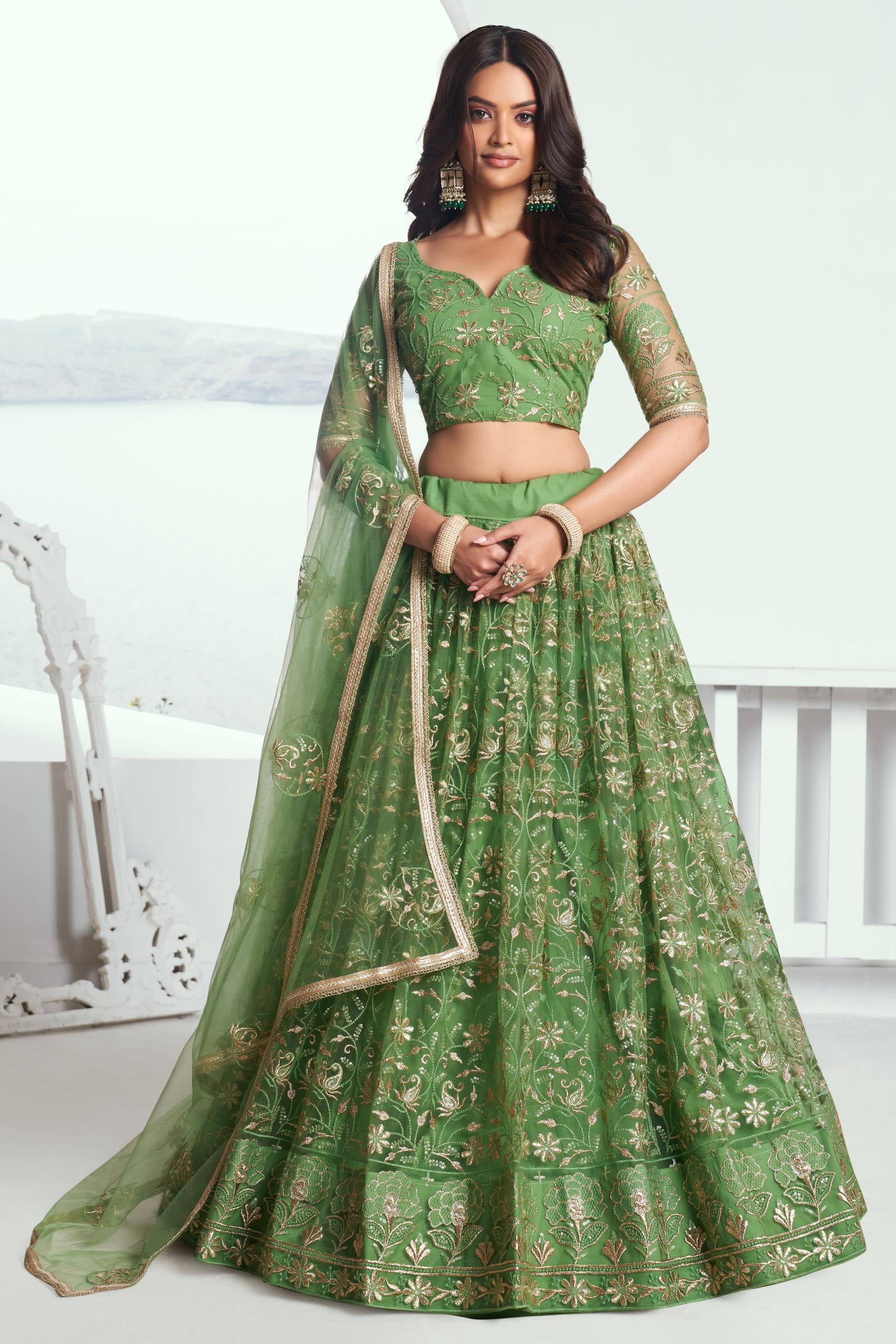 Olive Green Net Mehendi Lehenga Choli For Indian & Pakistani Wedding Festival - Sequins & Thread Embroidery Work
