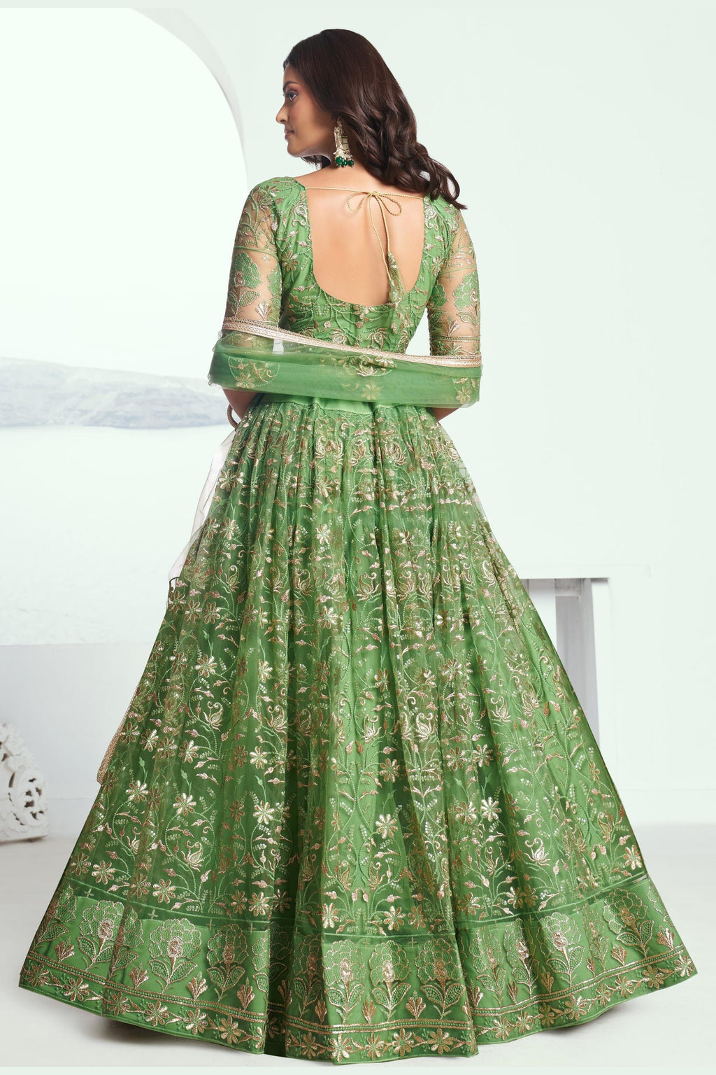 Olive Green Net Mehendi Lehenga Choli For Indian & Pakistani Wedding Festival - Sequins & Thread Embroidery Work