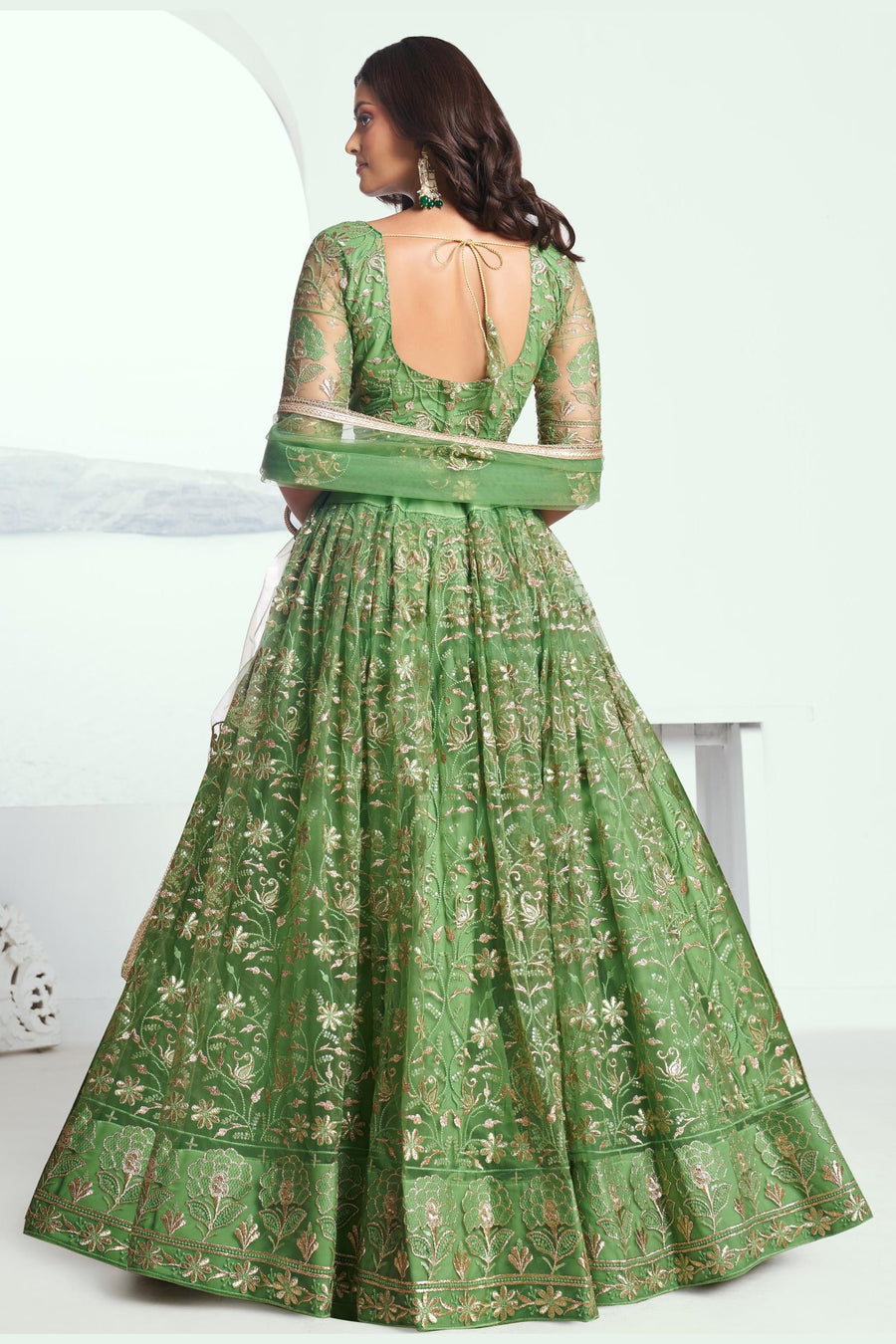 Olive Green Net Mehendi Lehenga Choli For Indian & Pakistani Wedding Festival - Sequins & Thread Embroidery Work