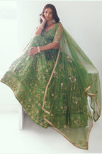 Olive Green Net Mehendi Lehenga Choli For Indian & Pakistani Wedding Festival - Sequins & Thread Embroidery Work