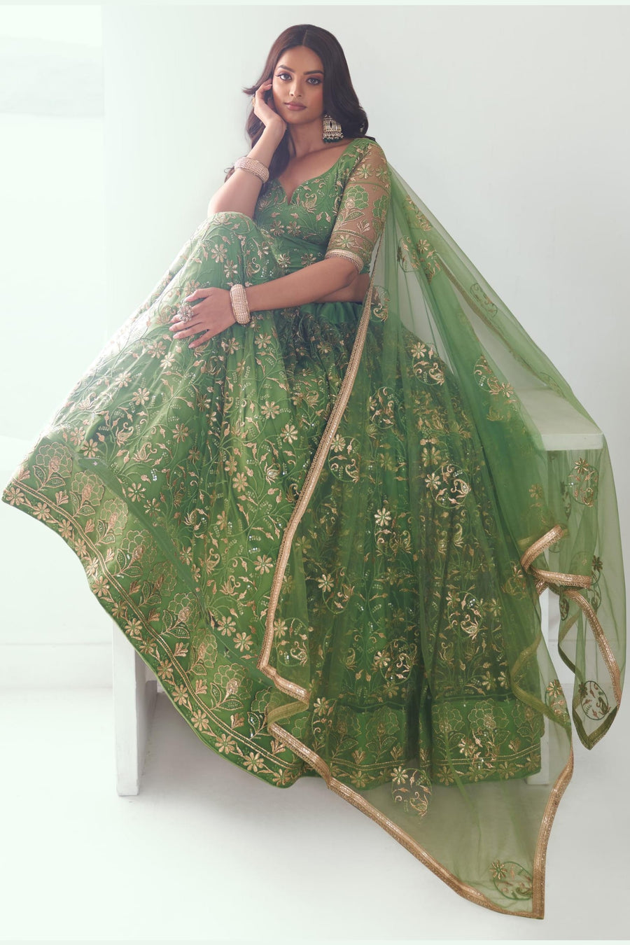 Olive Green Net Mehendi Lehenga Choli For Indian & Pakistani Wedding Festival - Sequins & Thread Embroidery Work