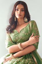Olive Green Net Mehendi Lehenga Choli For Indian & Pakistani Wedding Festival - Sequins & Thread Embroidery Work