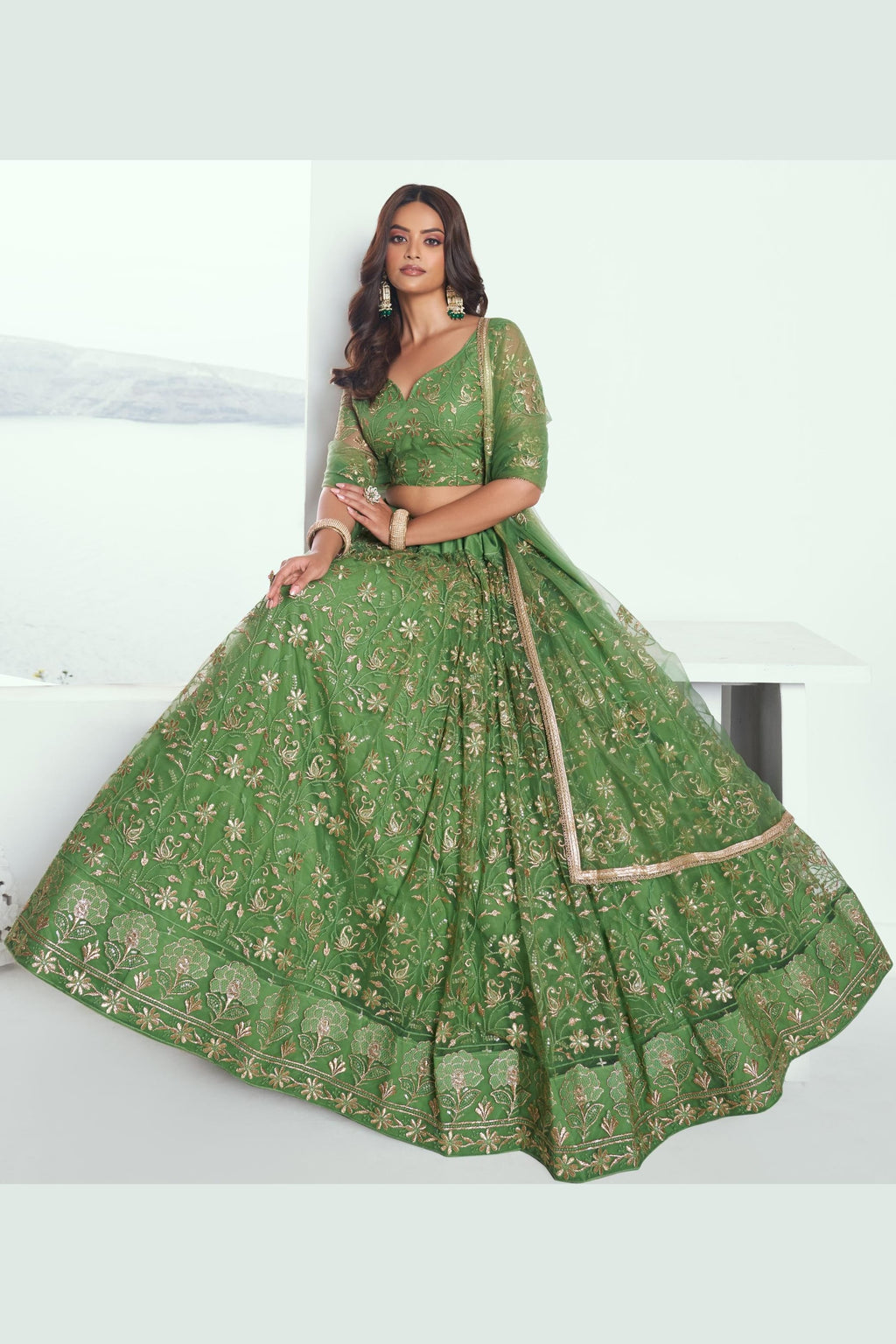 Olive Green Net Mehendi Lehenga Choli For Indian & Pakistani Wedding Festival - Sequins & Thread Embroidery Work