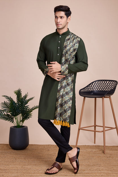 Olive Green Silk Kurta Pyjama for Men For Navratri Garba Festivals - Sequence Embroidery Work, Print Work