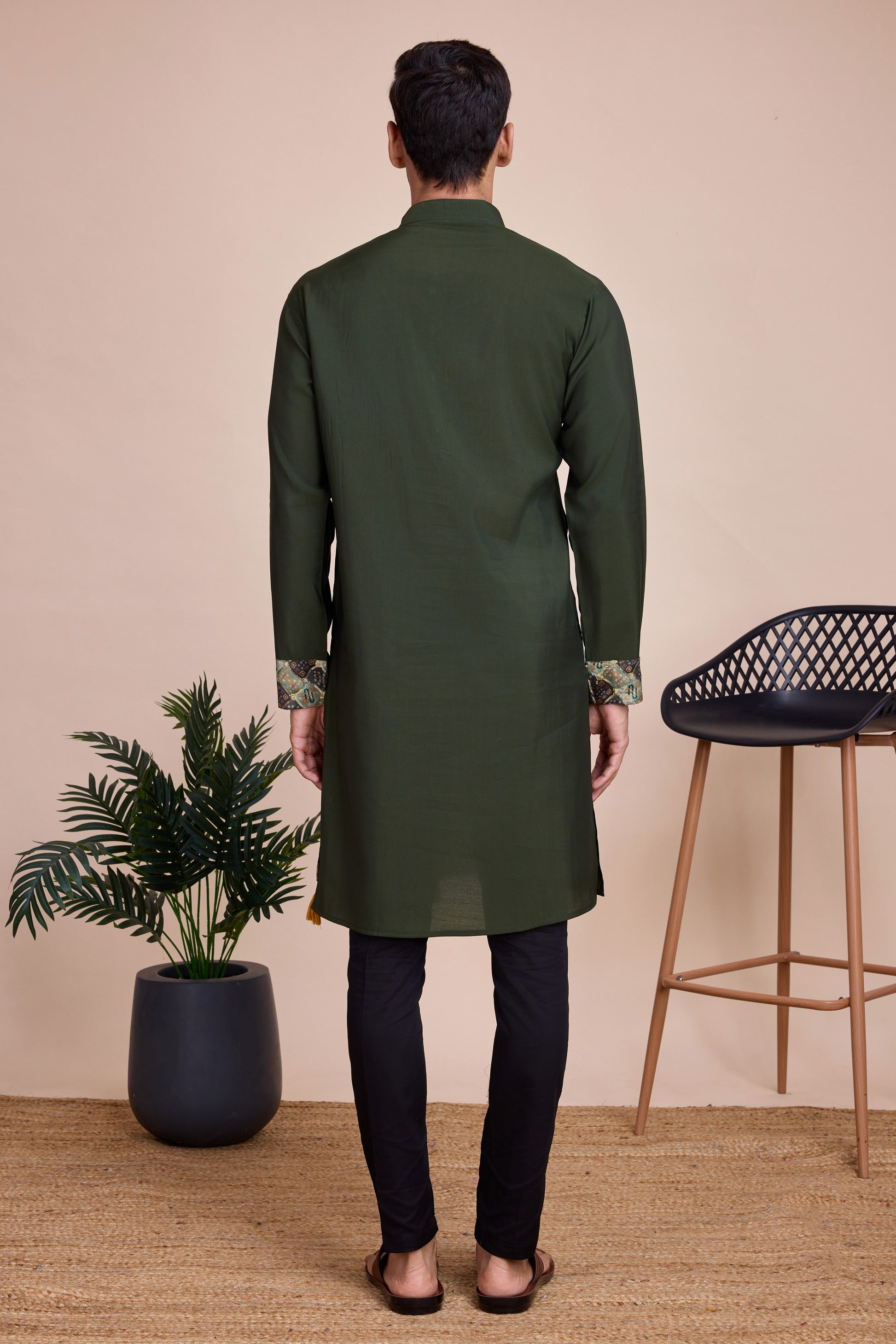 Olive Green Silk Kurta Pyjama for Men For Navratri Garba Festivals - Sequence Embroidery Work, Print Work