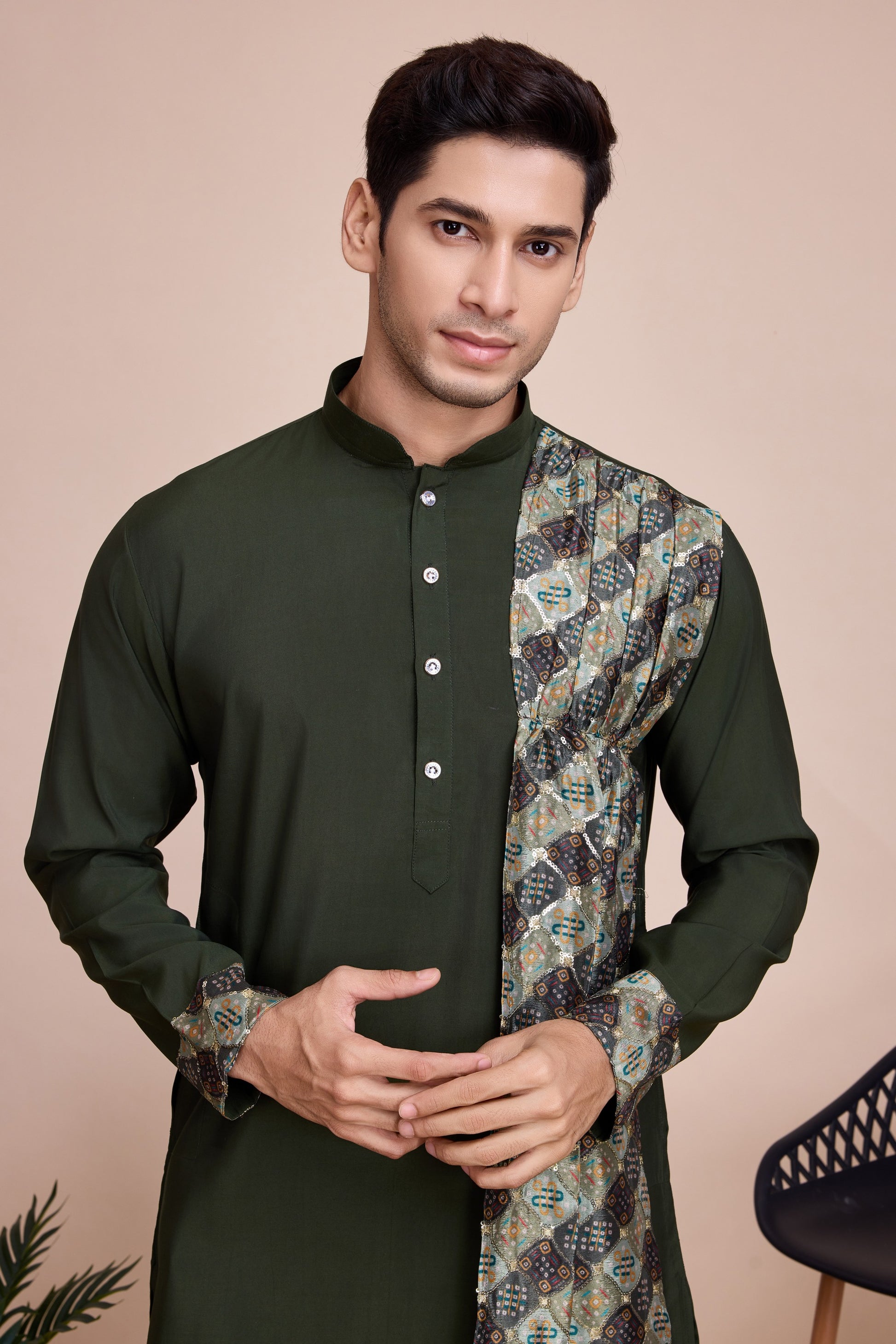 Olive Green Silk Kurta Pyjama for Men For Navratri Garba Festivals - Sequence Embroidery Work, Print Work