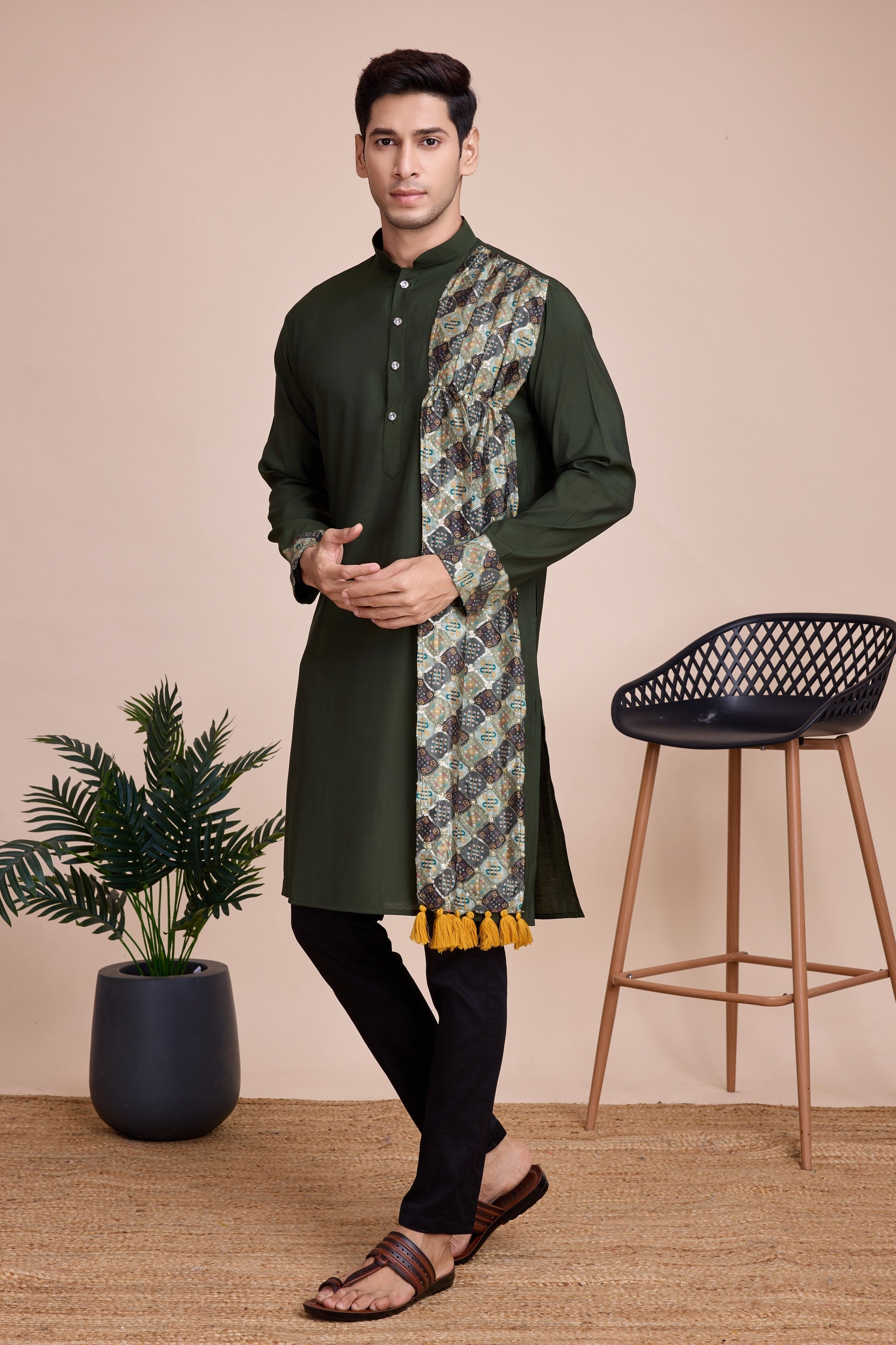 Olive Green Silk Kurta Pyjama for Men For Navratri Garba Festivals - Sequence Embroidery Work, Print Work