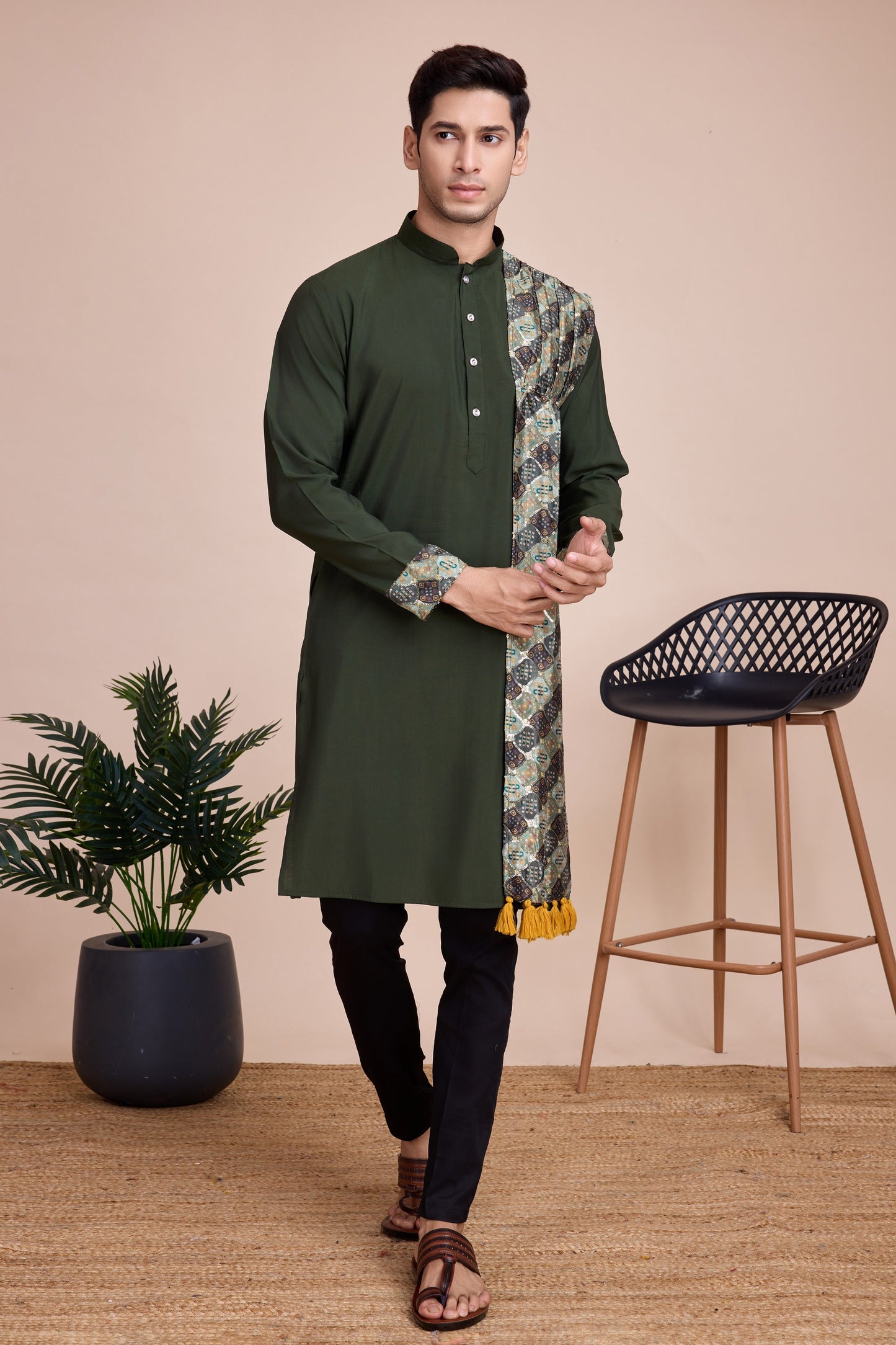 Olive Green Silk Kurta Pyjama for Men For Navratri Garba Festivals - Sequence Embroidery Work, Print Work