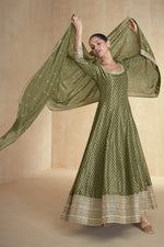 Olive Jacquard Silk Anarkali India Wedding Gowns for Mehndi Ceremony  - Embroidery Work