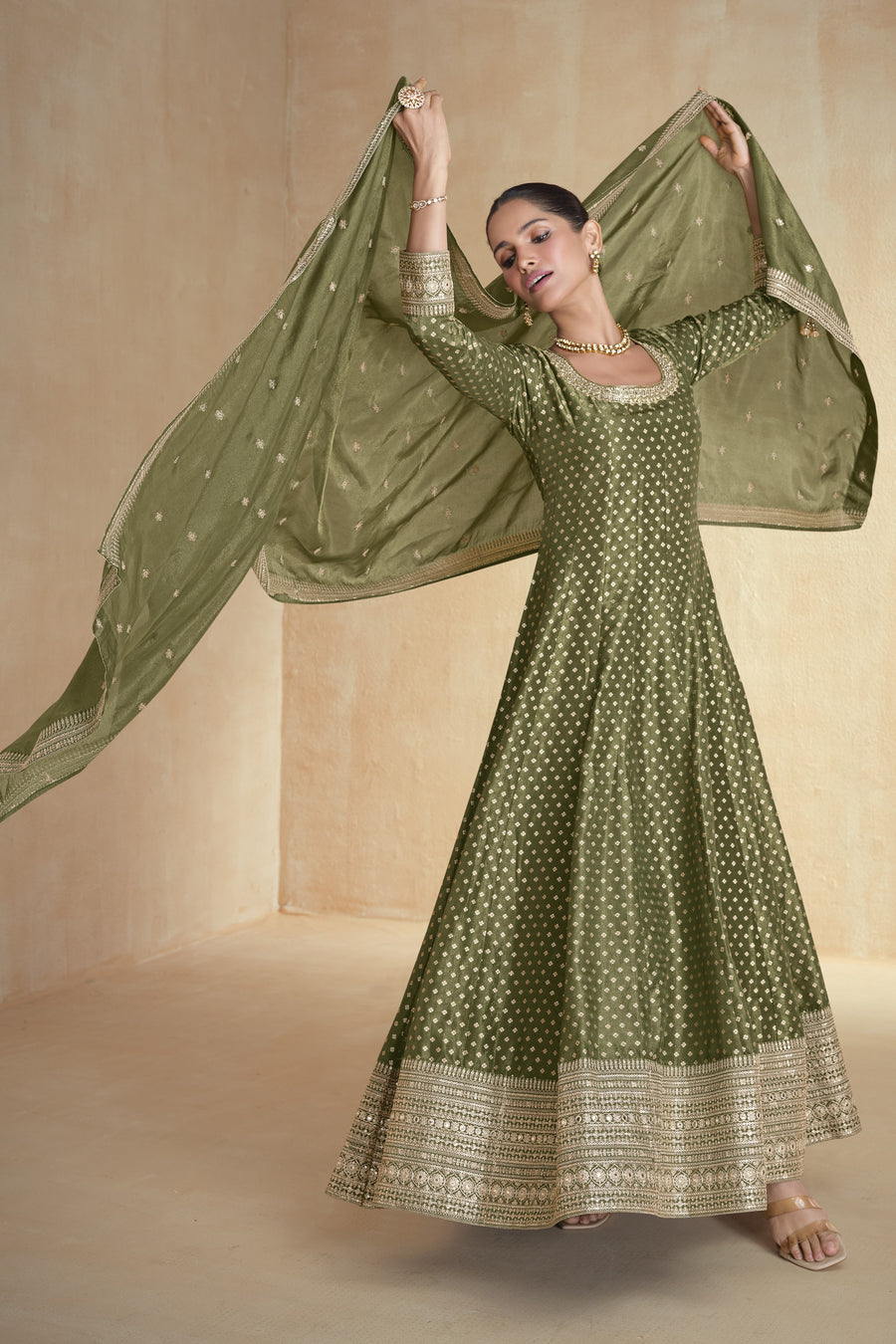 Olive Jacquard Silk Anarkali Suit For Indian Festival & Pakistani Weddings - Embroidery Work Copy