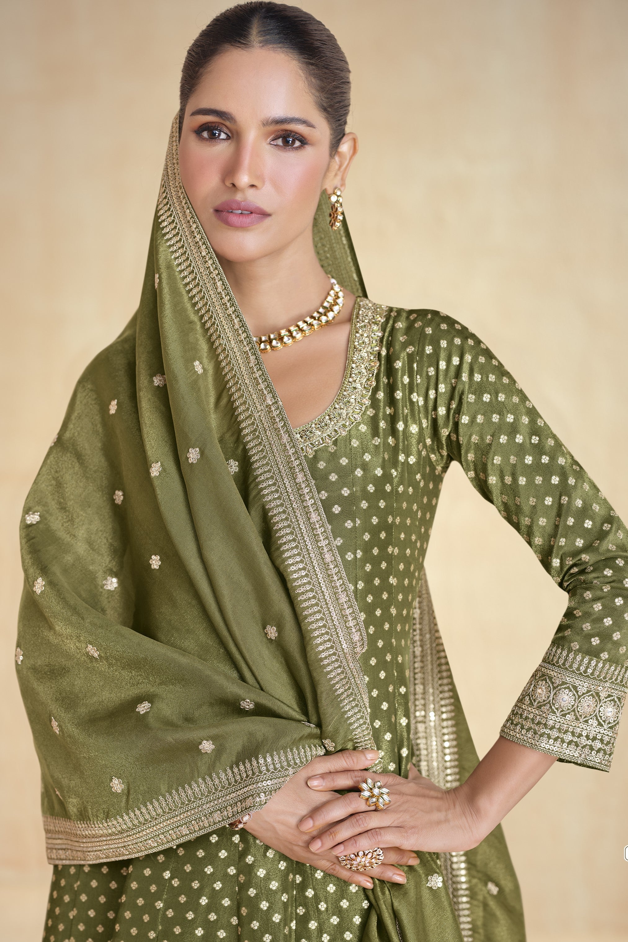 Olive Jacquard Silk Anarkali Suit For Indian Festival & Pakistani Weddings - Embroidery Work Copy