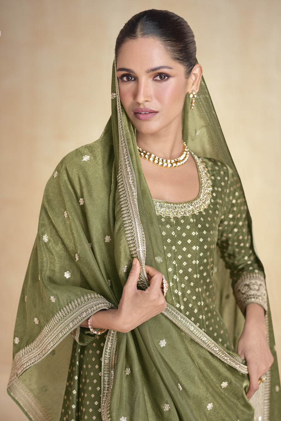 Olive Jacquard Silk Anarkali Suit For Indian Festival & Pakistani Weddings - Embroidery Work Copy