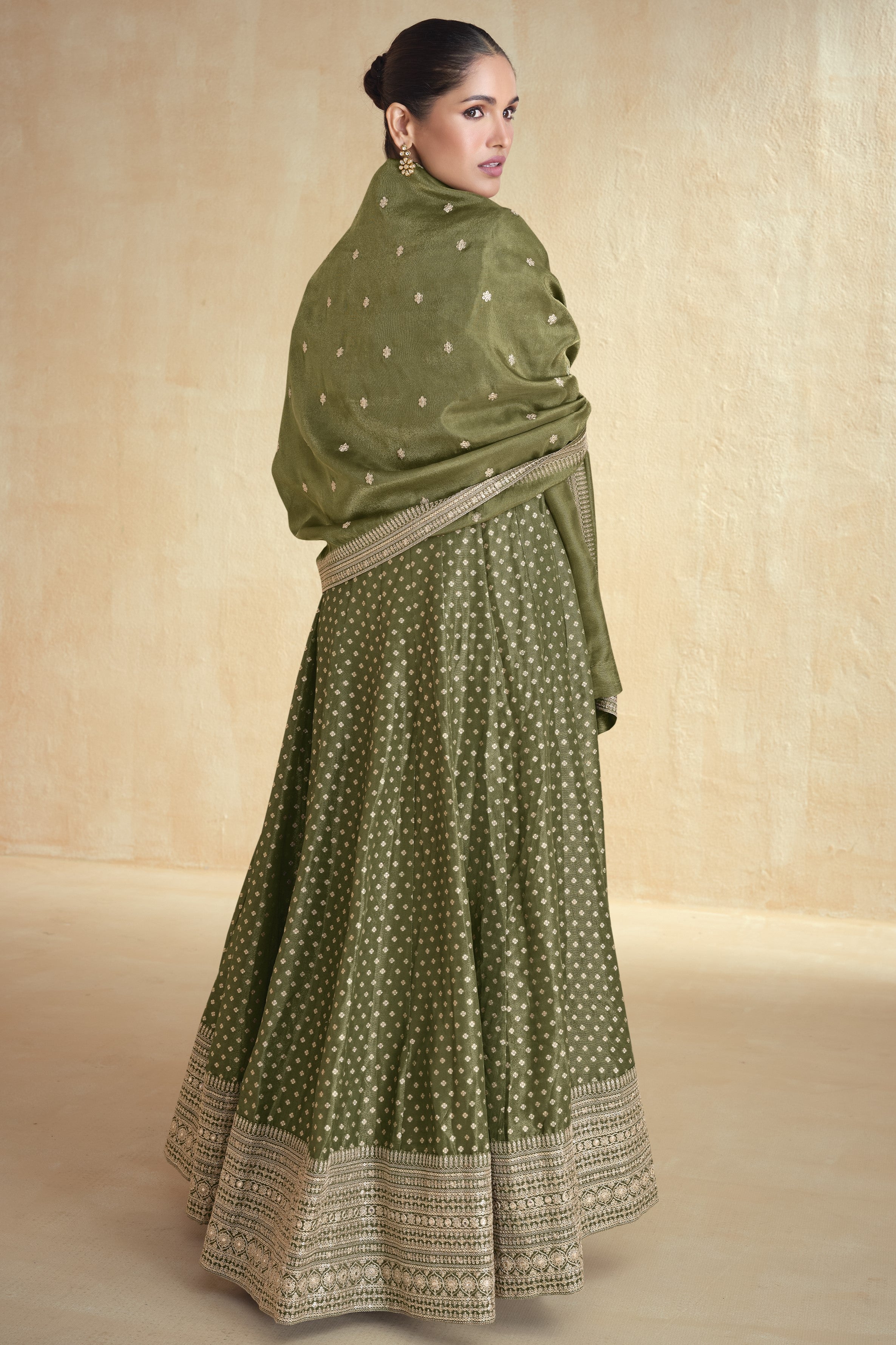 Olive Jacquard Silk Anarkali Suit For Indian Festival & Pakistani Weddings - Embroidery Work Copy