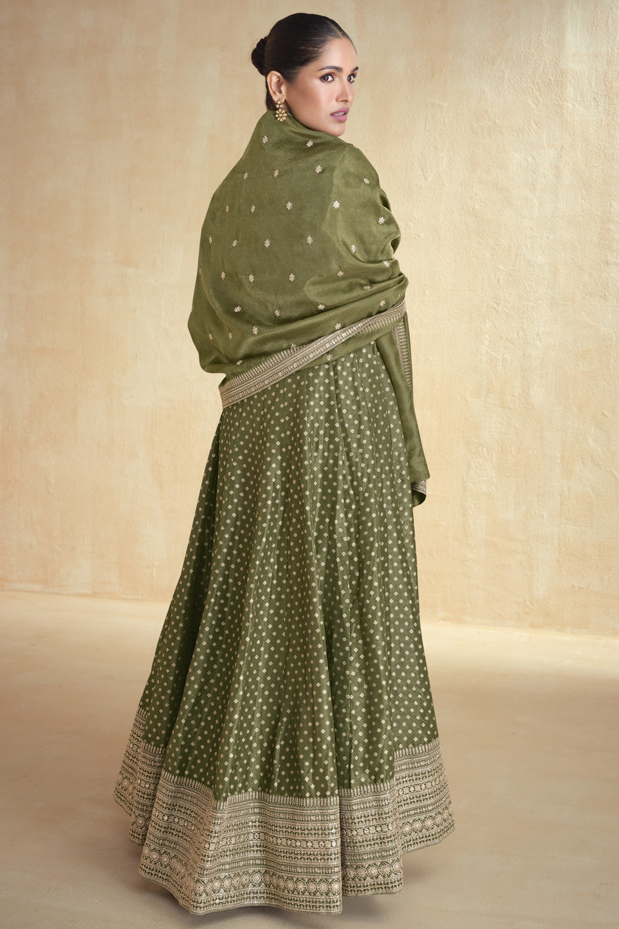 Olive Jacquard Silk Anarkali Suit For Indian Festival & Pakistani Weddings - Embroidery Work Copy
