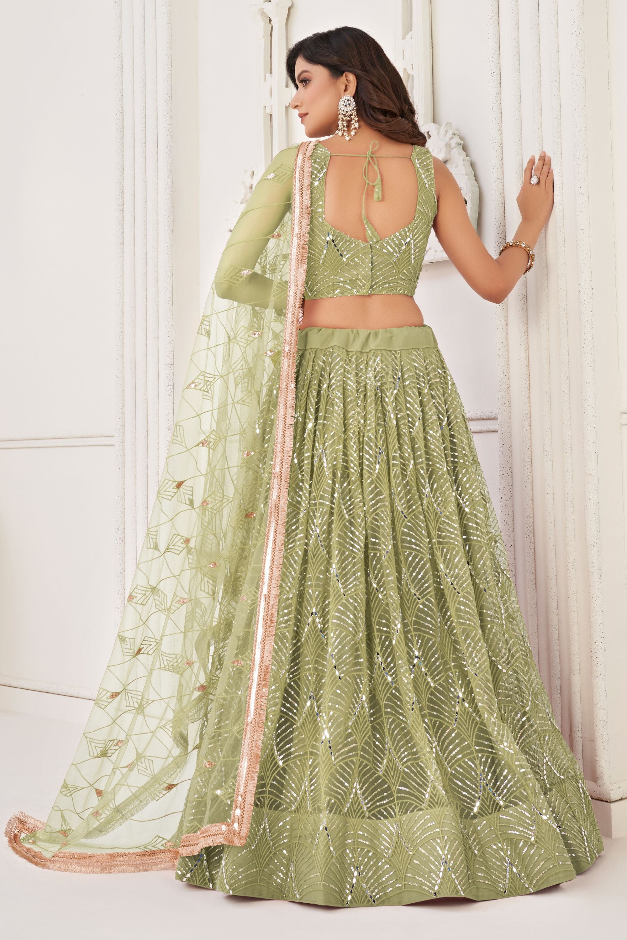 Olive Net Embroidered Lehenga Choli For Indian Festival & Weddings - Embroidery Work