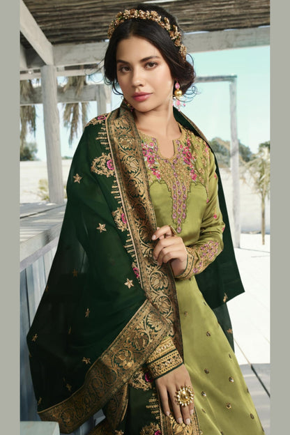 Olive Georgette Kameez with Pant For Indian Suit Festivals & Pakistani Weddings - Embroidery Work, Hand Work