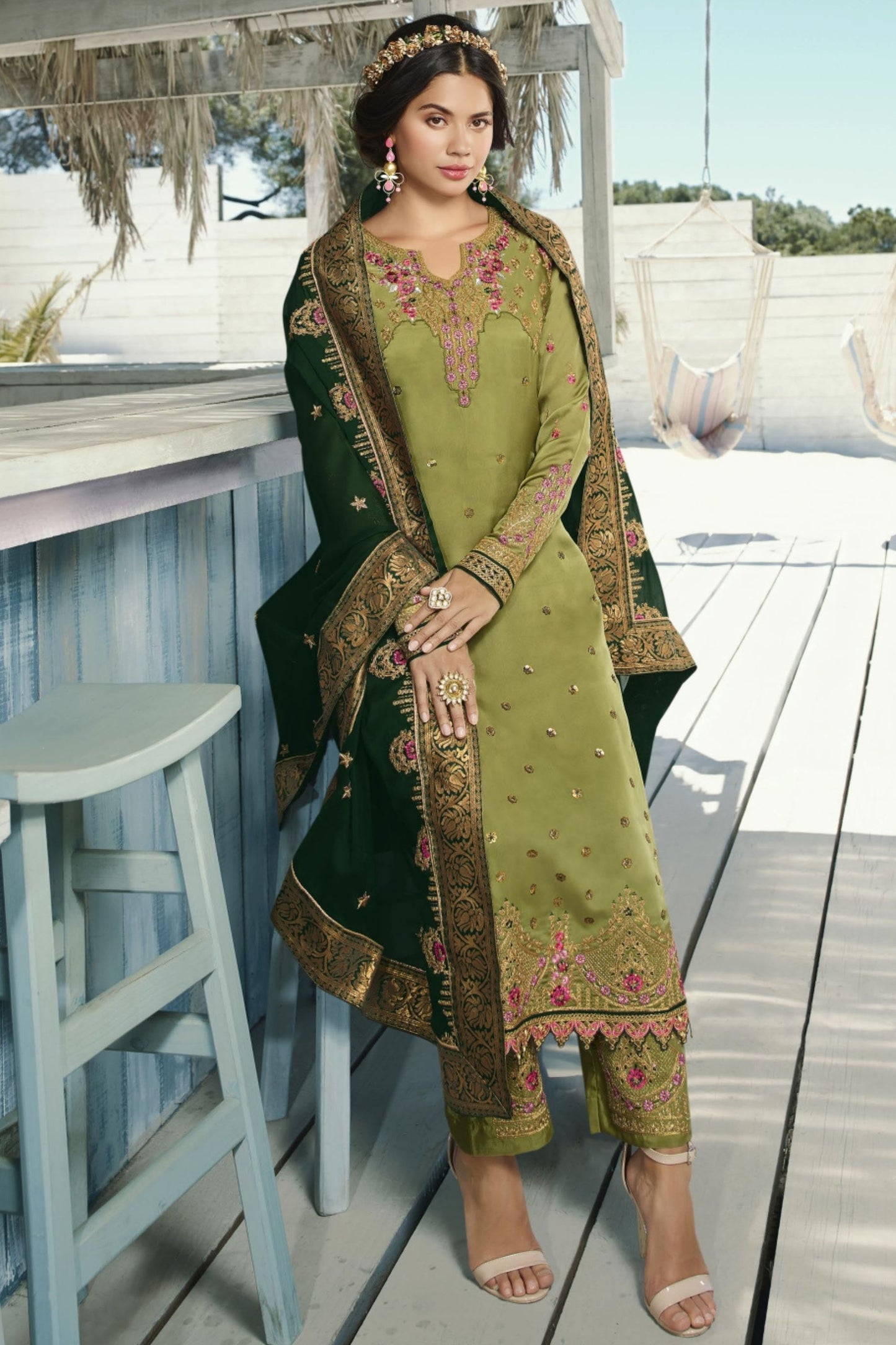 Olive Georgette Kameez with Pant For Indian Suit Festivals & Pakistani Weddings - Embroidery Work, Hand Work