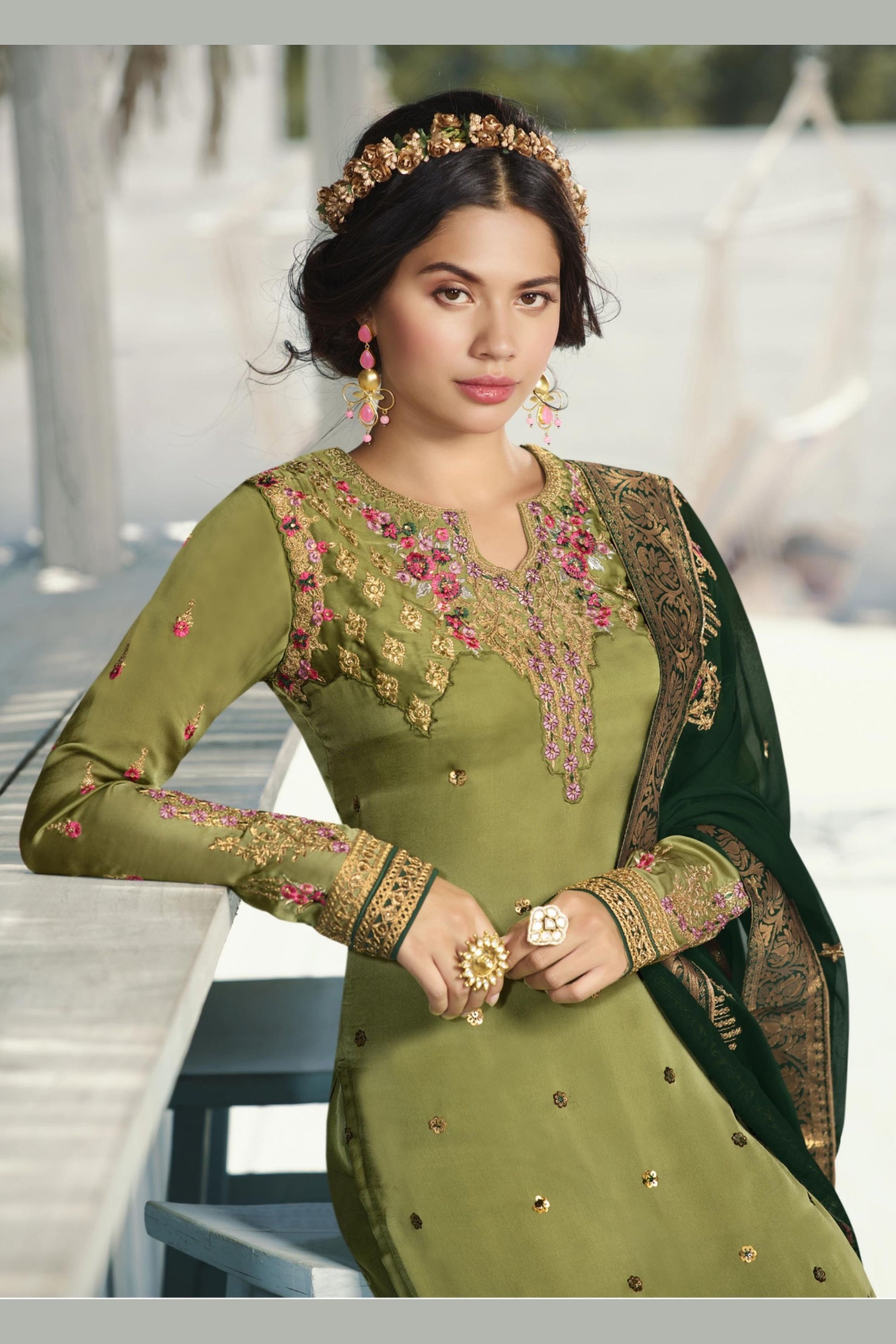 Olive Georgette Kameez with Pant For Indian Suit Festivals & Pakistani Weddings - Embroidery Work, Hand Work