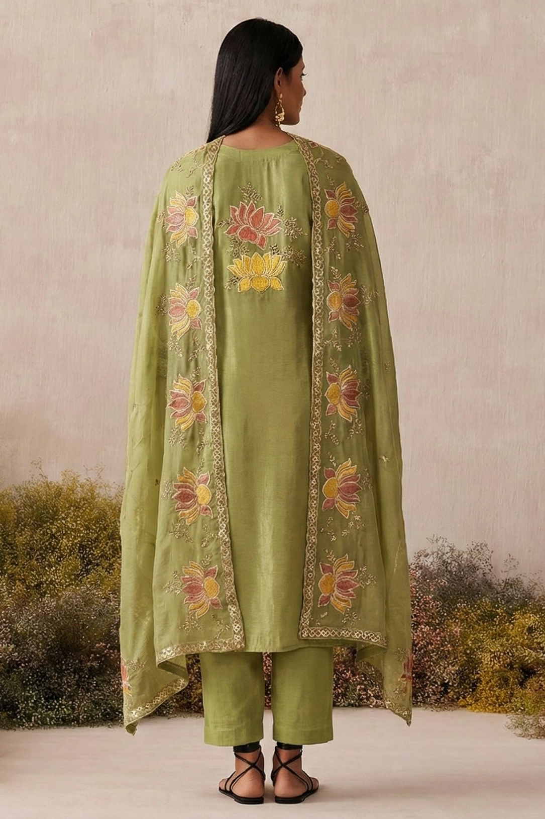 Mahendi Shimmer Silk Embroidered Pakistani Dress Kameez and Pant