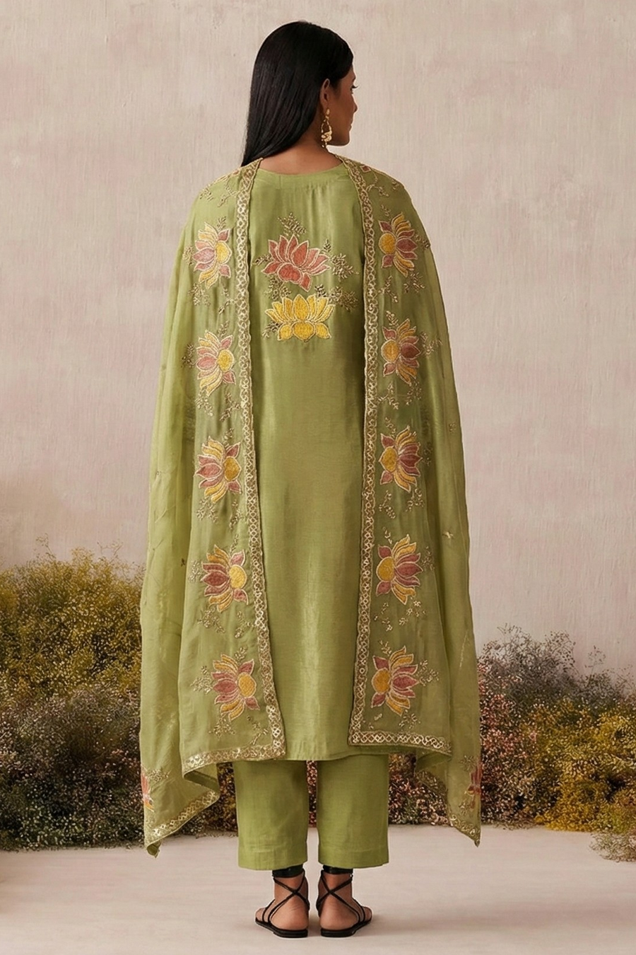 Mahendi Shimmer Silk Embroidered Pakistani Dress Kameez and Pant