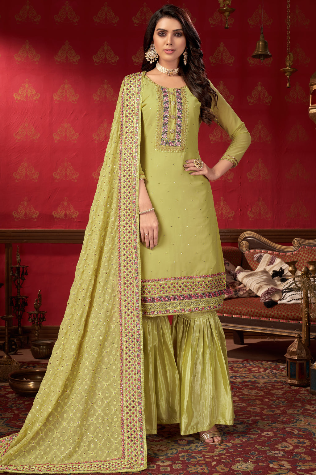 Light Yellow Georgette Sharara For Indian Festivals & Pakistani Weddings -Embroidery Work
