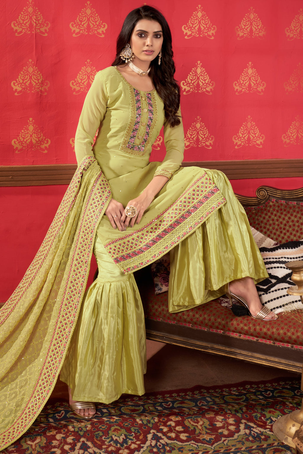 Light Yellow Georgette Sharara For Indian Festivals & Pakistani Weddings -Embroidery Work