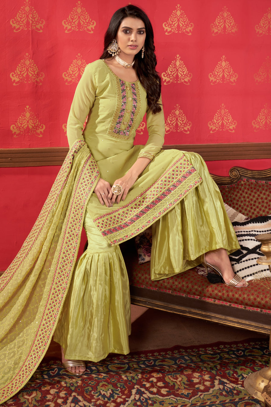 Light Yellow Georgette Sharara For Indian Festivals & Pakistani Weddings -Embroidery Work