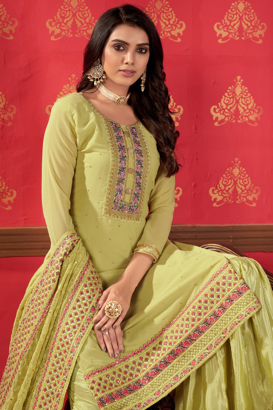Light Yellow Georgette Sharara For Indian Festivals & Pakistani Weddings -Embroidery Work