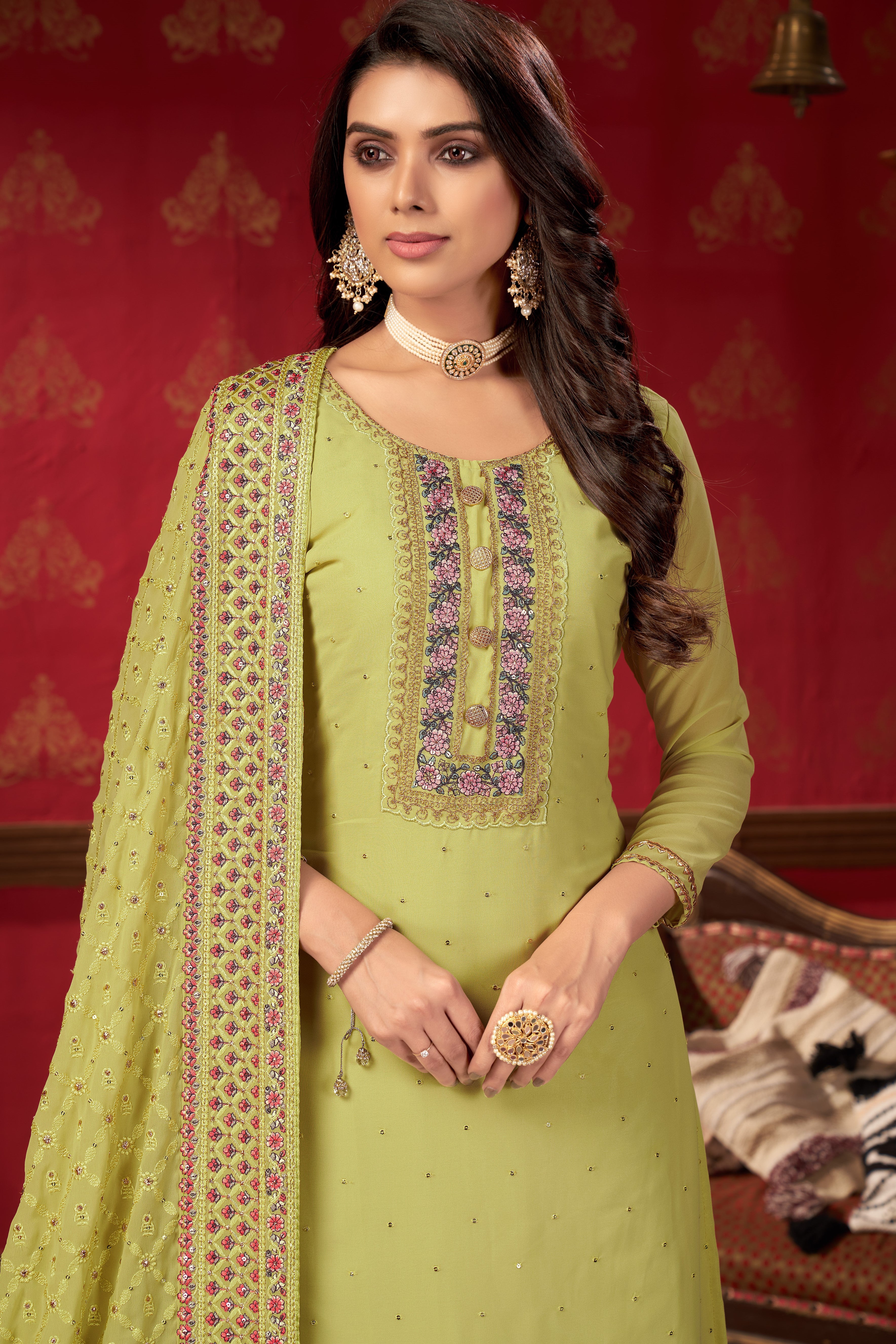 Light Yellow Georgette Sharara For Indian Festivals & Pakistani Weddings -Embroidery Work