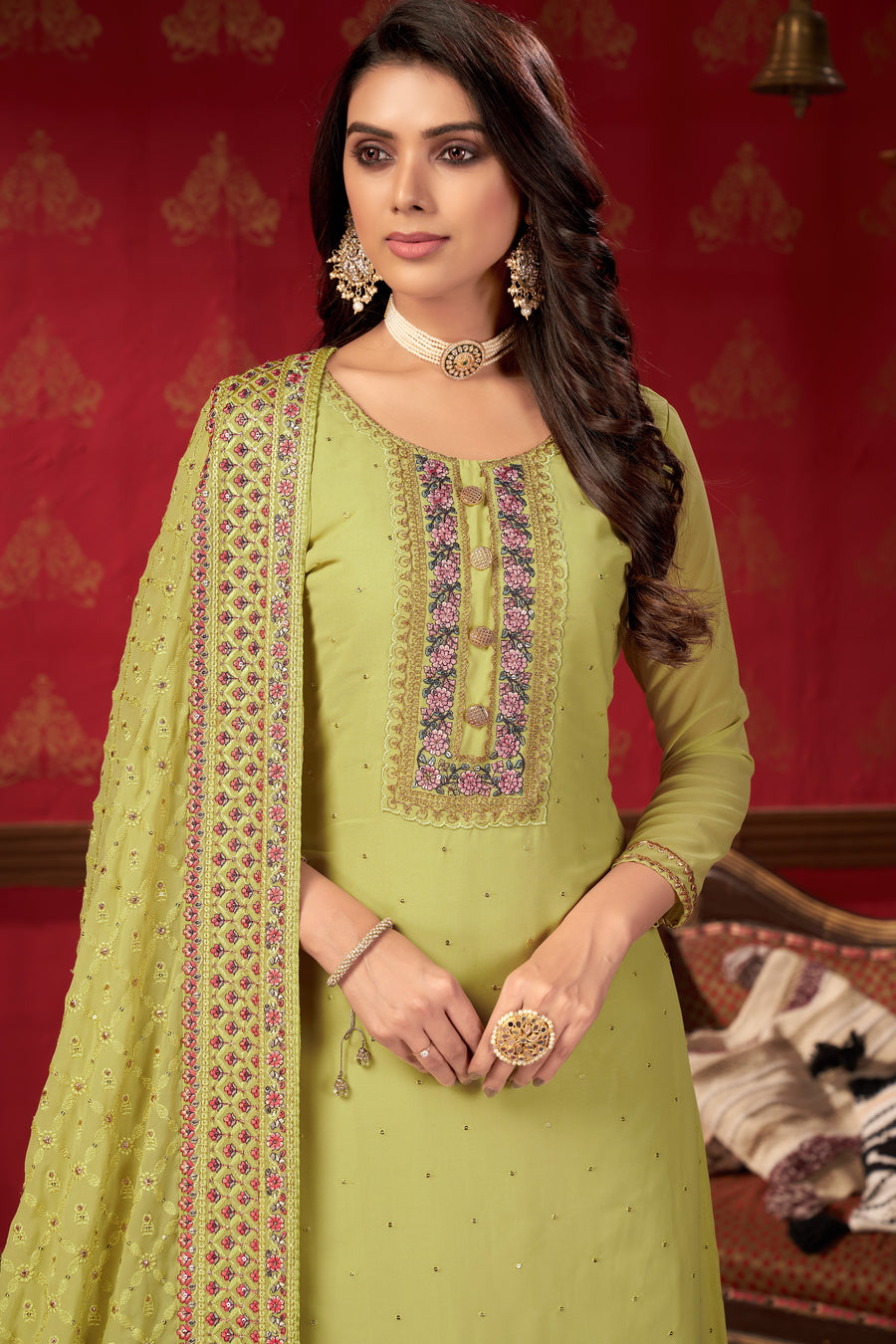 Light Yellow Georgette Sharara For Indian Festivals & Pakistani Weddings -Embroidery Work