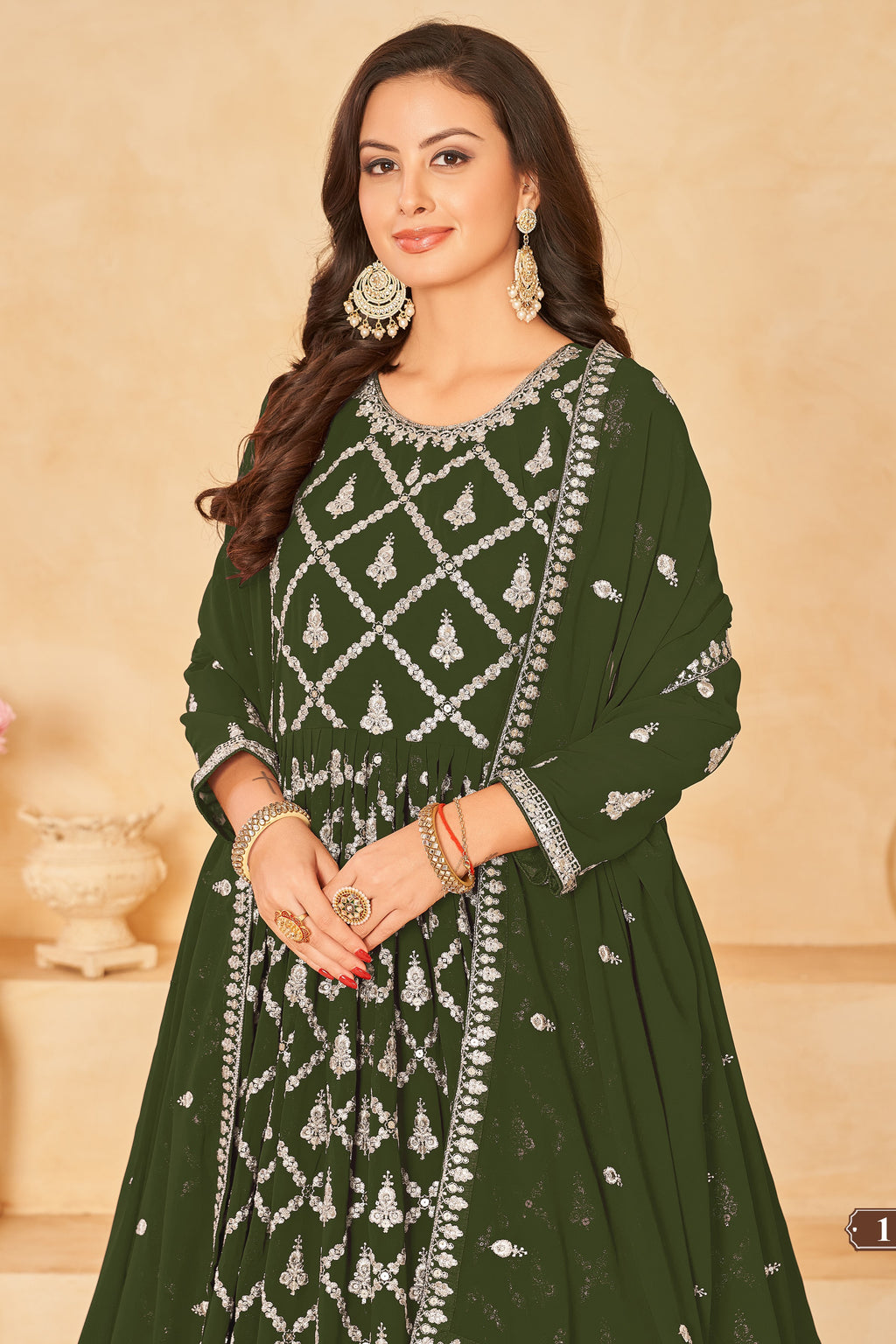 Olive Georgette Anarkali Wear With Sequins Embroidery Work
