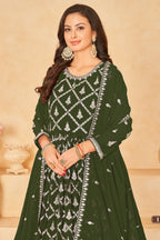 Olive Georgette Anarkali Wear With Sequins Embroidery Work