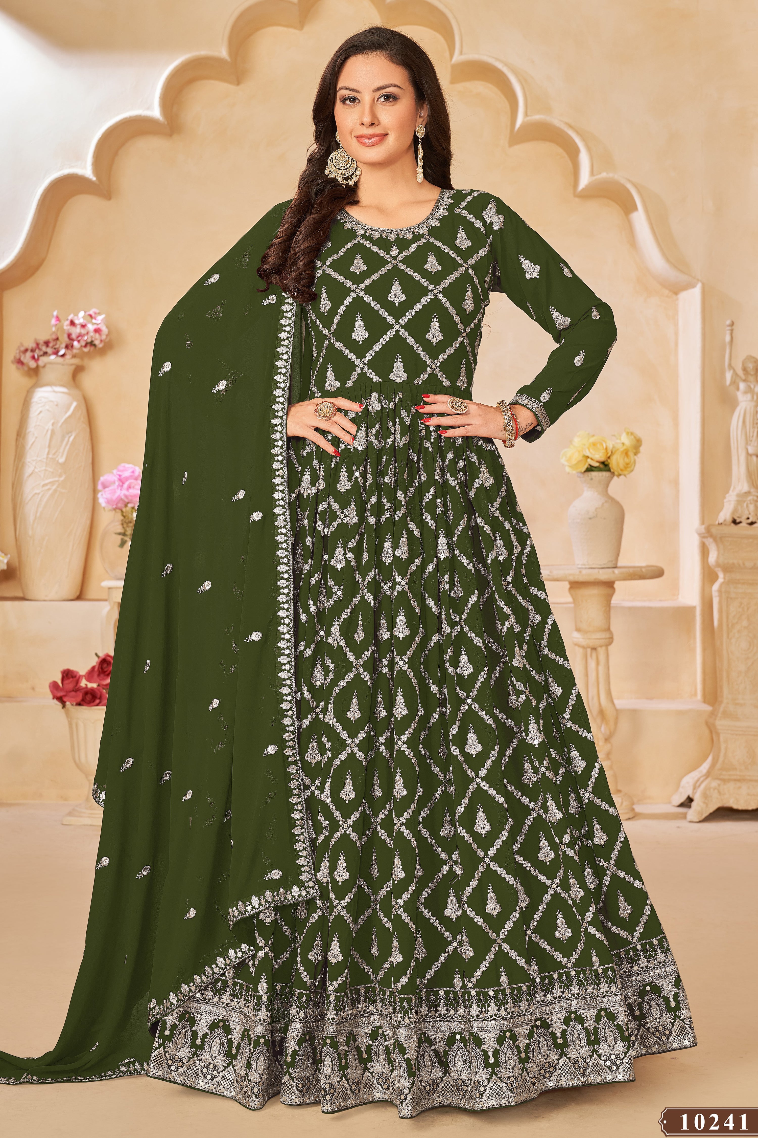 Olive Georgette Anarkali Wear With Sequins Embroidery Work