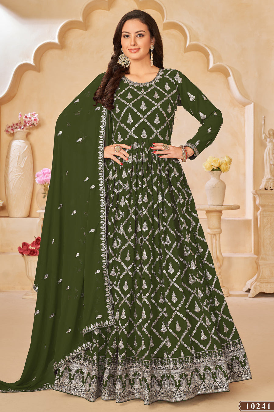 Olive Georgette Anarkali Wear With Sequins Embroidery Work