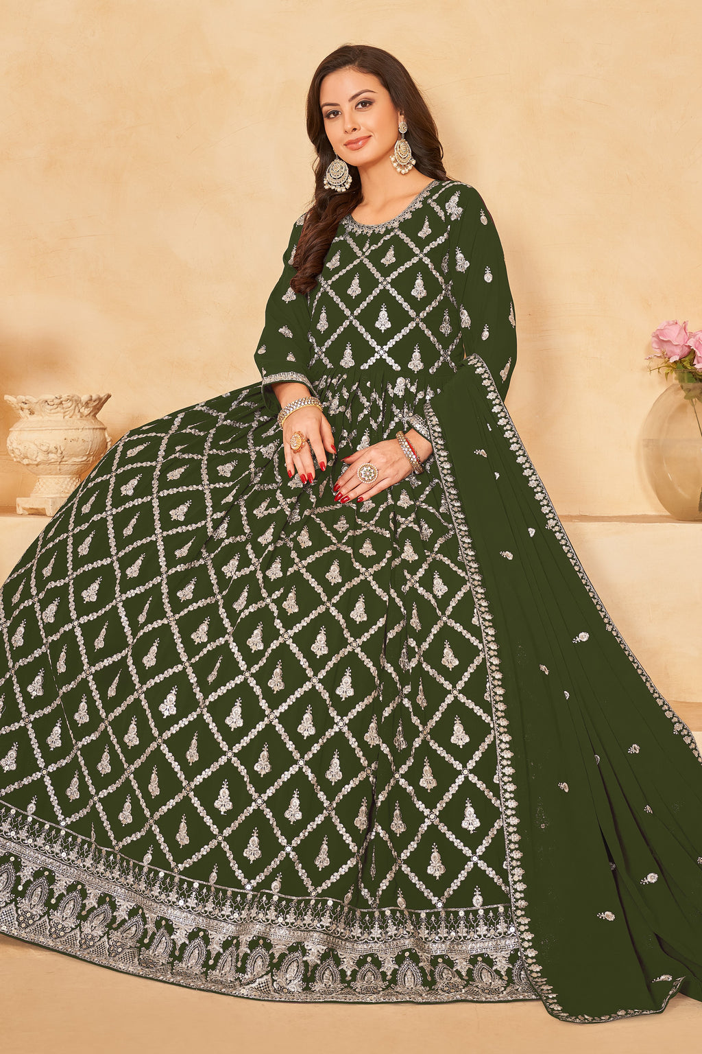 Olive Georgette Anarkali Wear With Sequins Embroidery Work