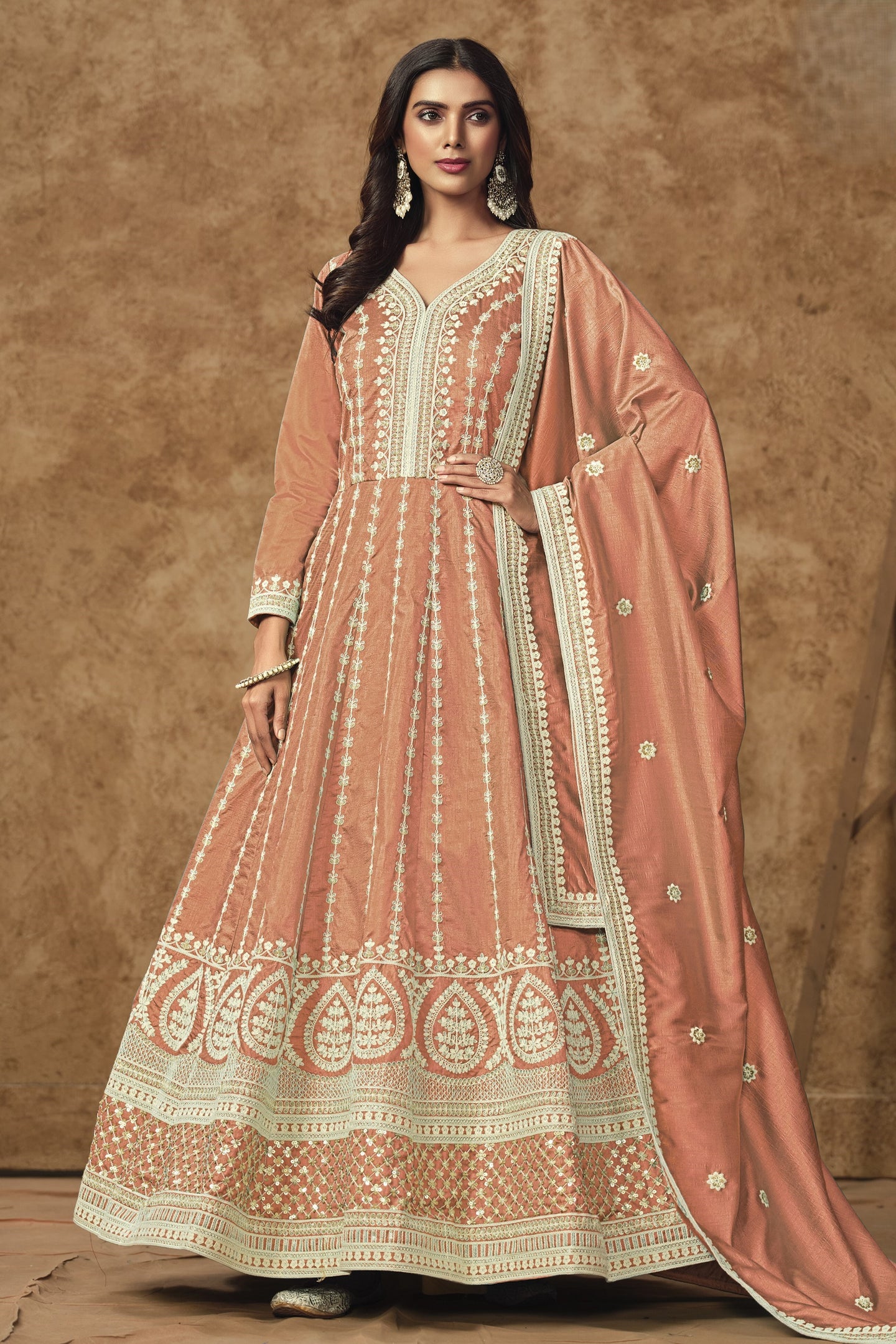 Orange Chinon Silk Anarkali Dress for Wedding with Sequins Embroidery