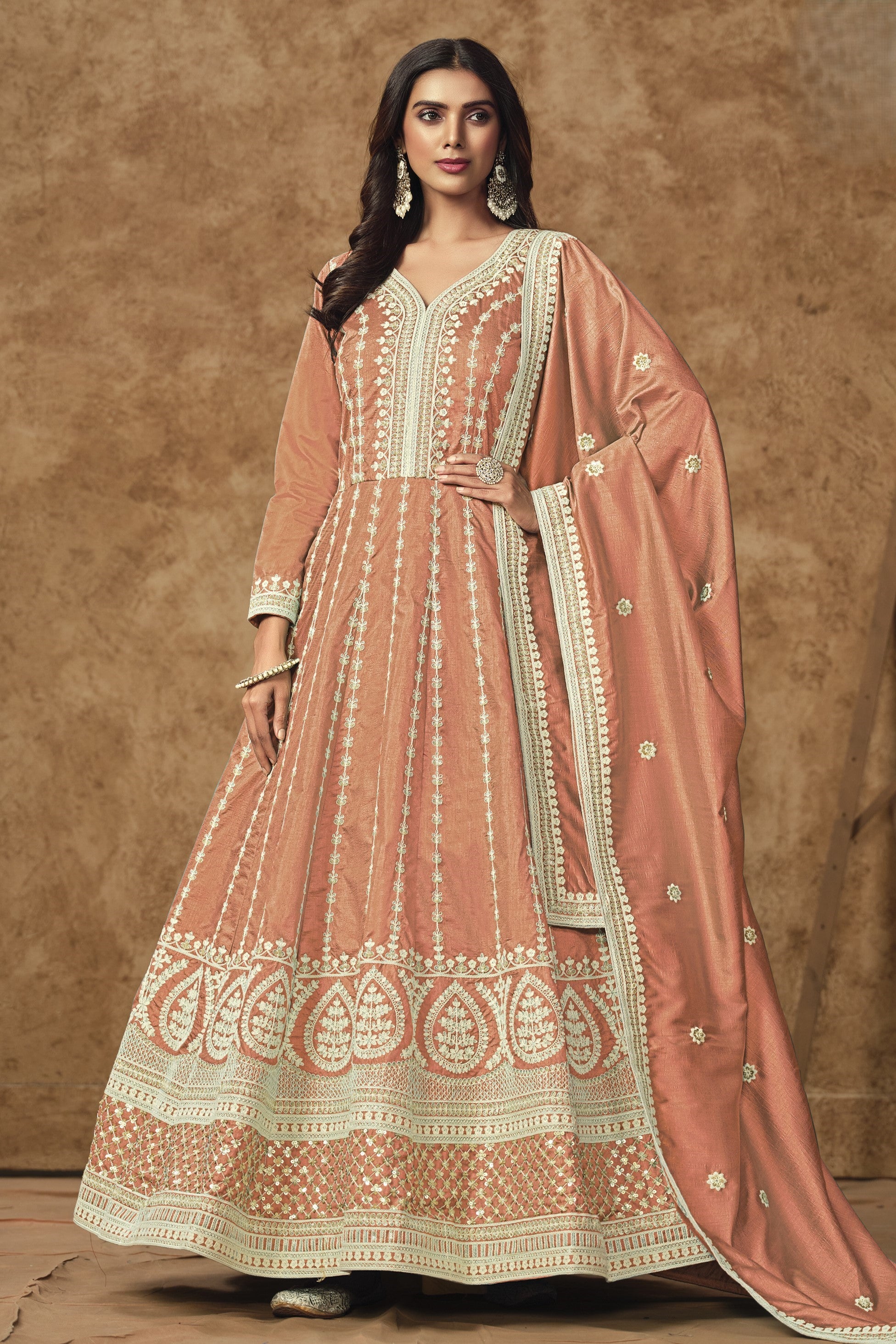 Orange Chinon Silk Anarkali Dress for Wedding with Sequins Embroidery