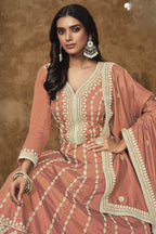 Orange Chinon Silk Anarkali Dress for Wedding with Sequins Embroidery