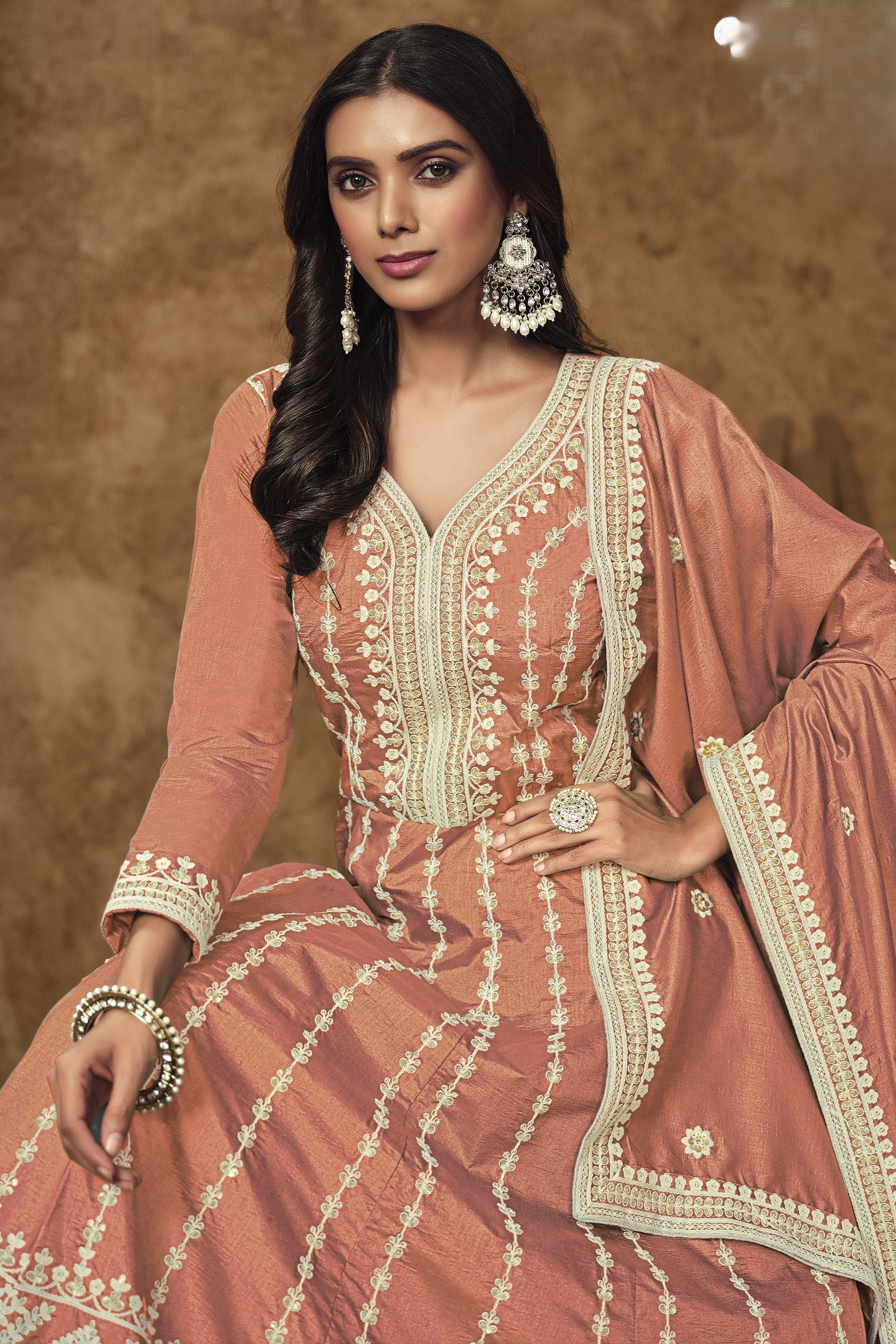 Orange Chinon Silk Anarkali Dress for Wedding with Sequins Embroidery