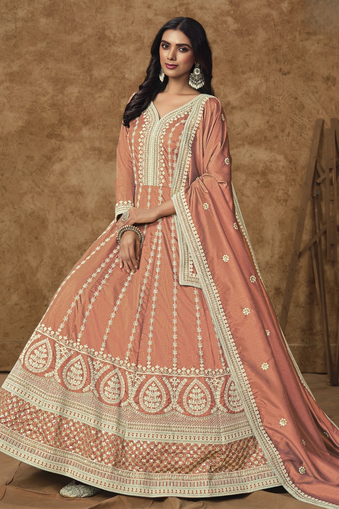 Orange Chinon Silk Anarkali Dress for Wedding with Sequins Embroidery