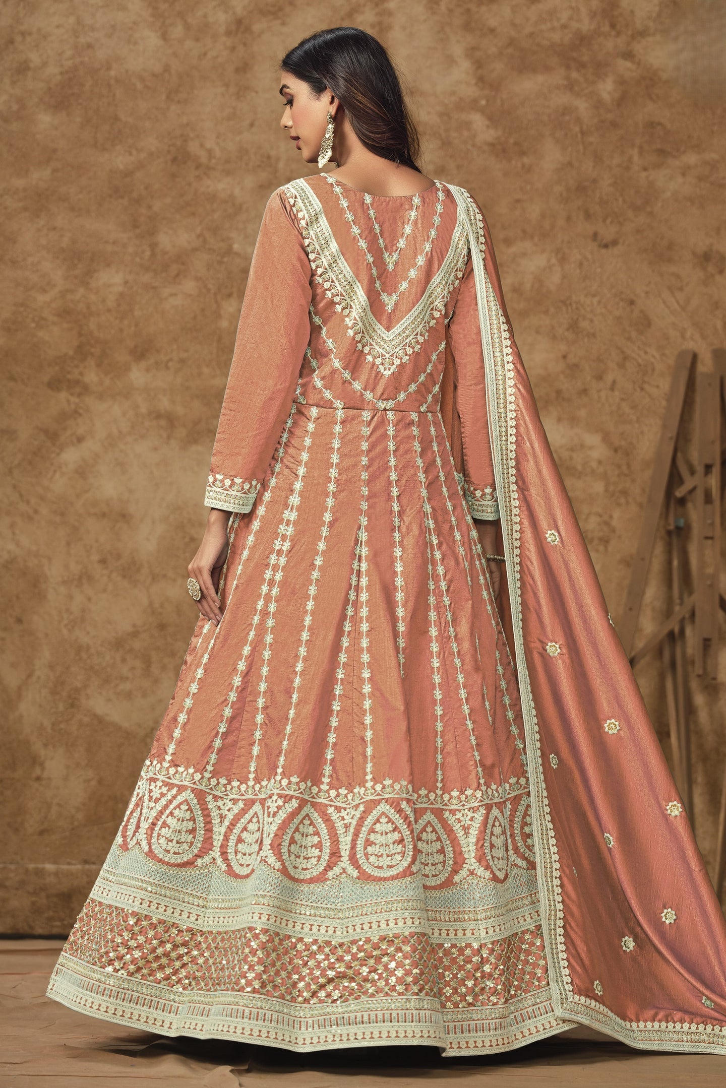 Orange Chinon Silk Anarkali Dress for Wedding with Sequins Embroidery