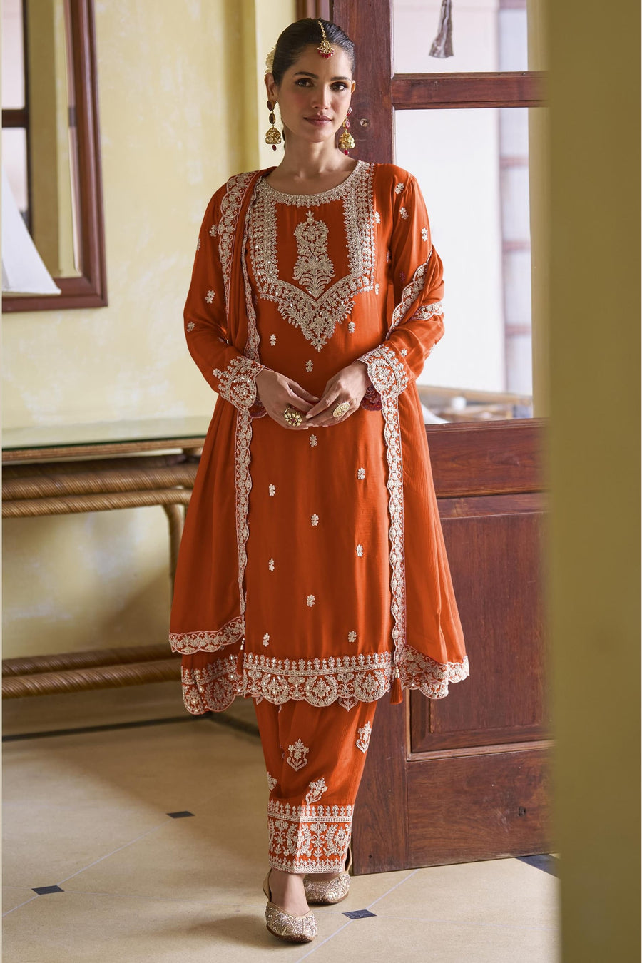 Orange Chinon Silk Kameez With Pant For Indian & Pakistani Wedding Festival - Sequins Embroidery Work, Dori Work