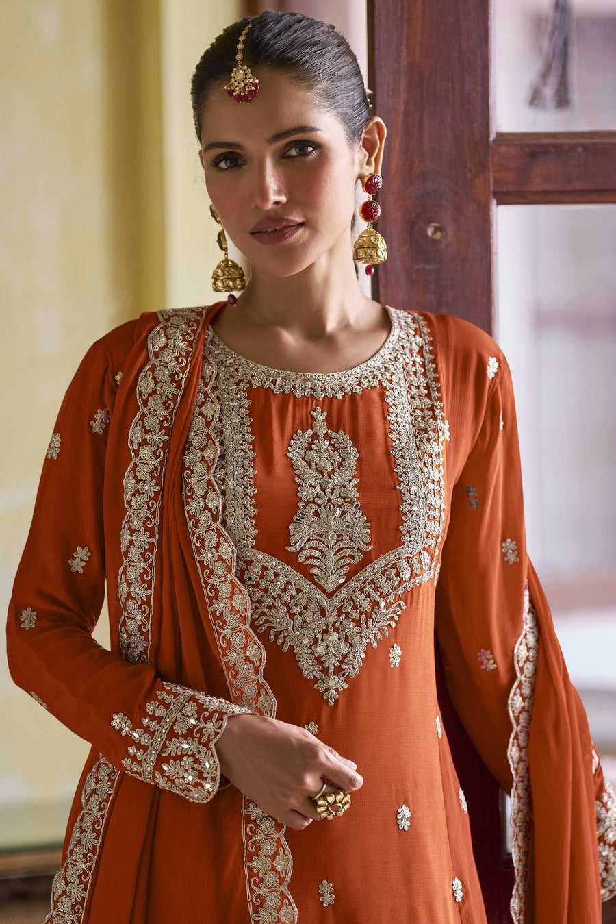 Orange Chinon Silk Kameez With Pant For Indian & Pakistani Wedding Festival - Sequins Embroidery Work, Dori Work