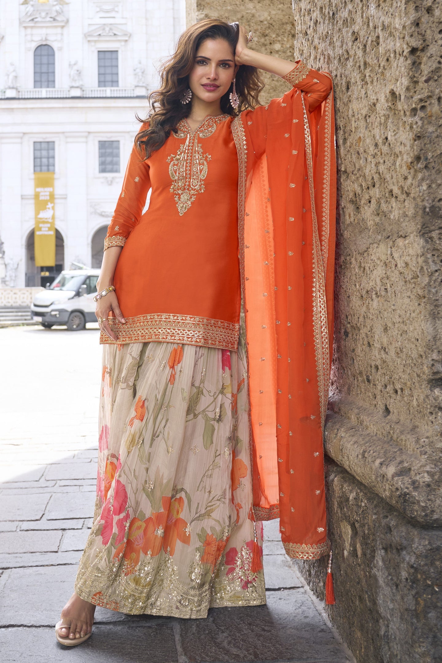 Orange Chinon Silk Kameez With Sharara Suit For Indian & Pakistani Wedding Festival - Print Work, Thread & Sequence Embroidery