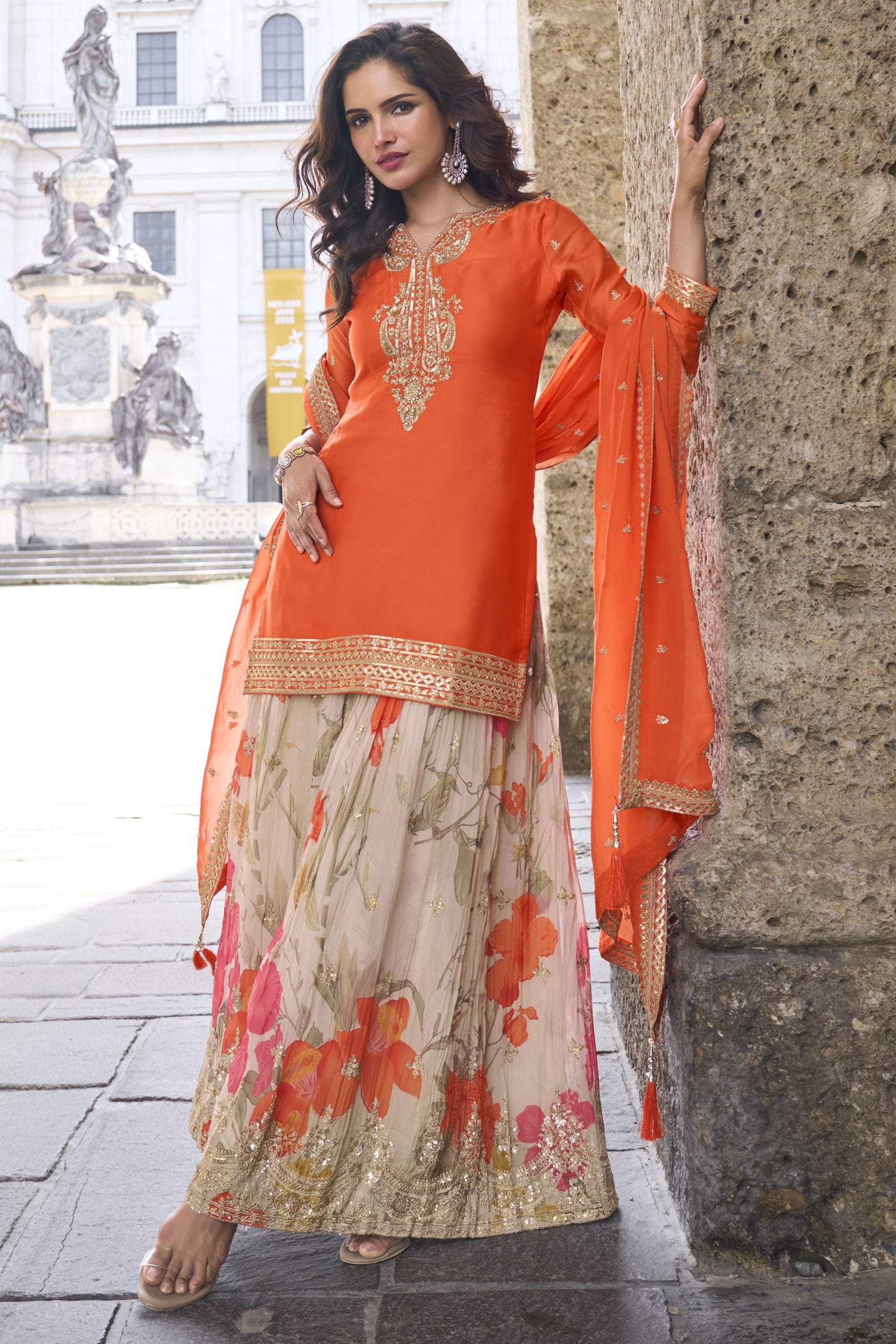 Orange Chinon Silk Kameez With Sharara Suit For Indian & Pakistani Wedding Festival - Print Work, Thread & Sequence Embroidery