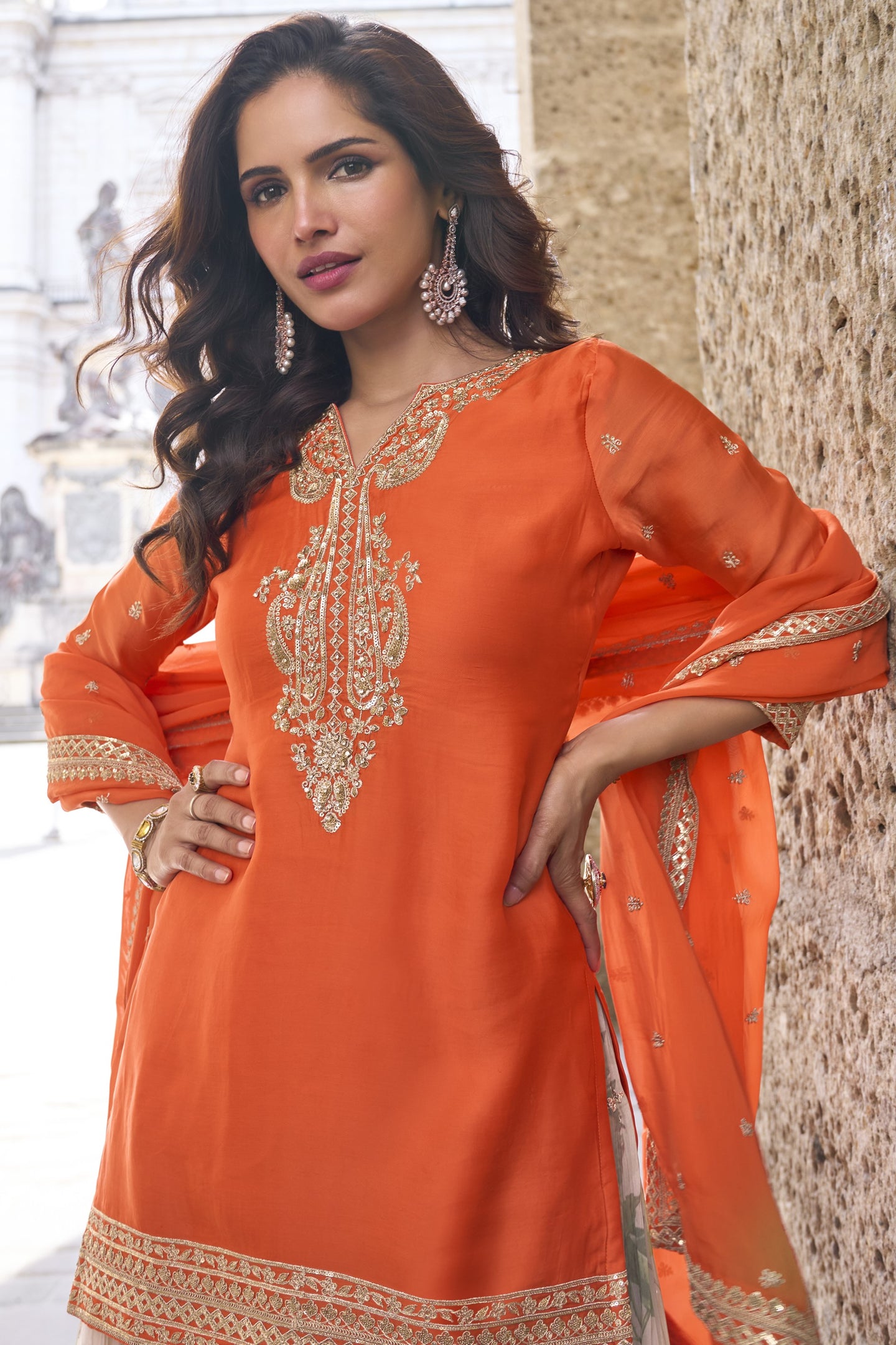 Orange Chinon Silk Kameez With Sharara Suit For Indian & Pakistani Wedding Festival - Print Work, Thread & Sequence Embroidery