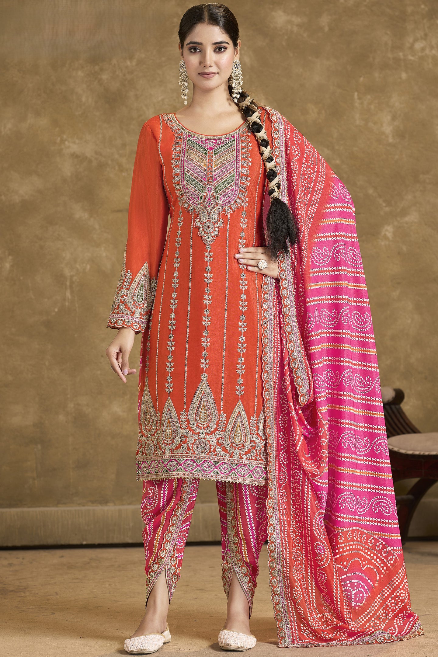 Orange Chinon Silk Kameez with Pant For Indian Festivals & Weddings - Embroidery Work, Print Work, Mirror Work