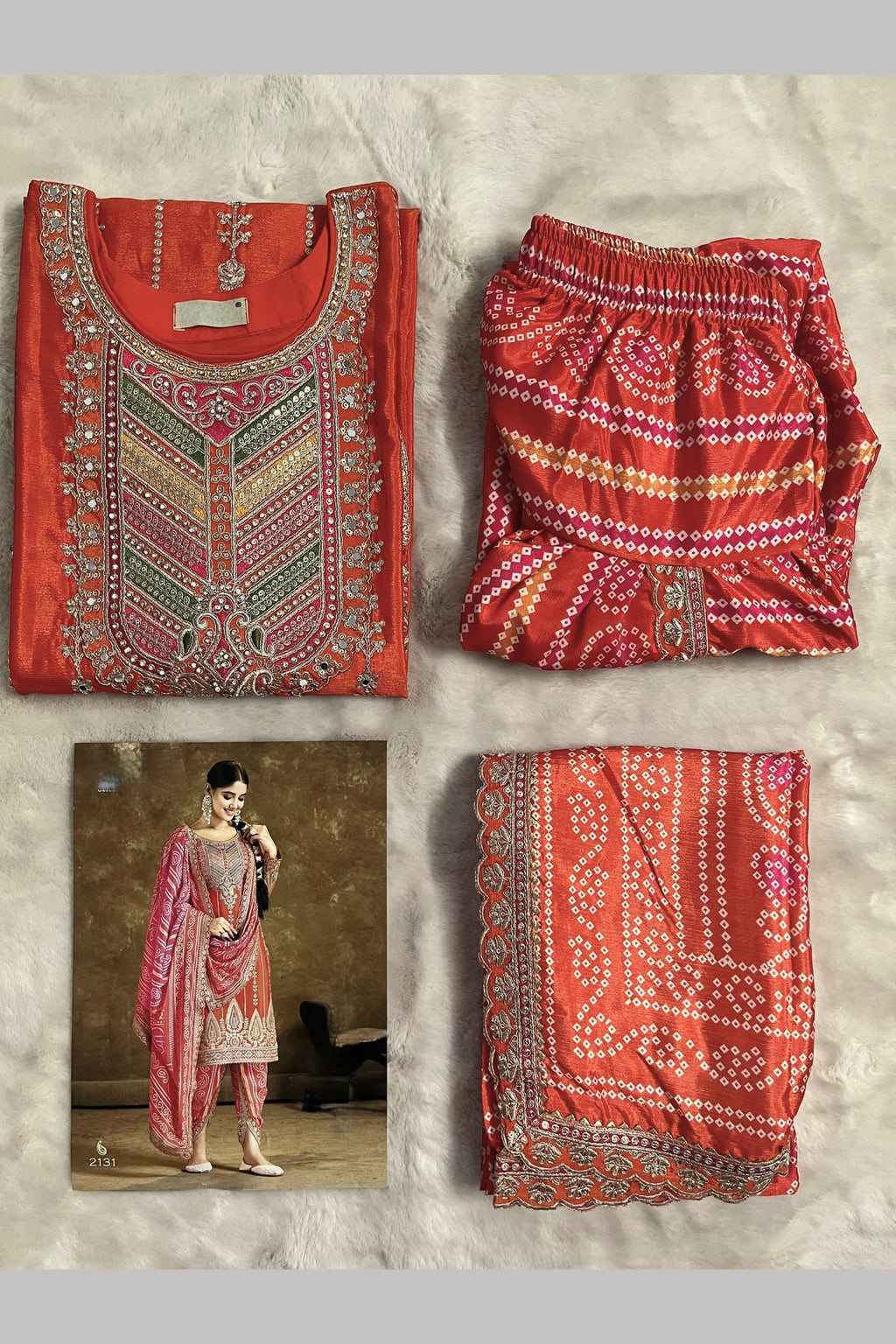 Orange Chinon Silk Kameez with Dhoti For Indian Festivals & Weddings - Embroidery Work, Print Work, Mirror Work