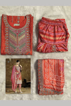 Orange Chinon Silk Kameez with Dhoti For Indian Festivals & Weddings - Embroidery Work, Print Work, Mirror Work